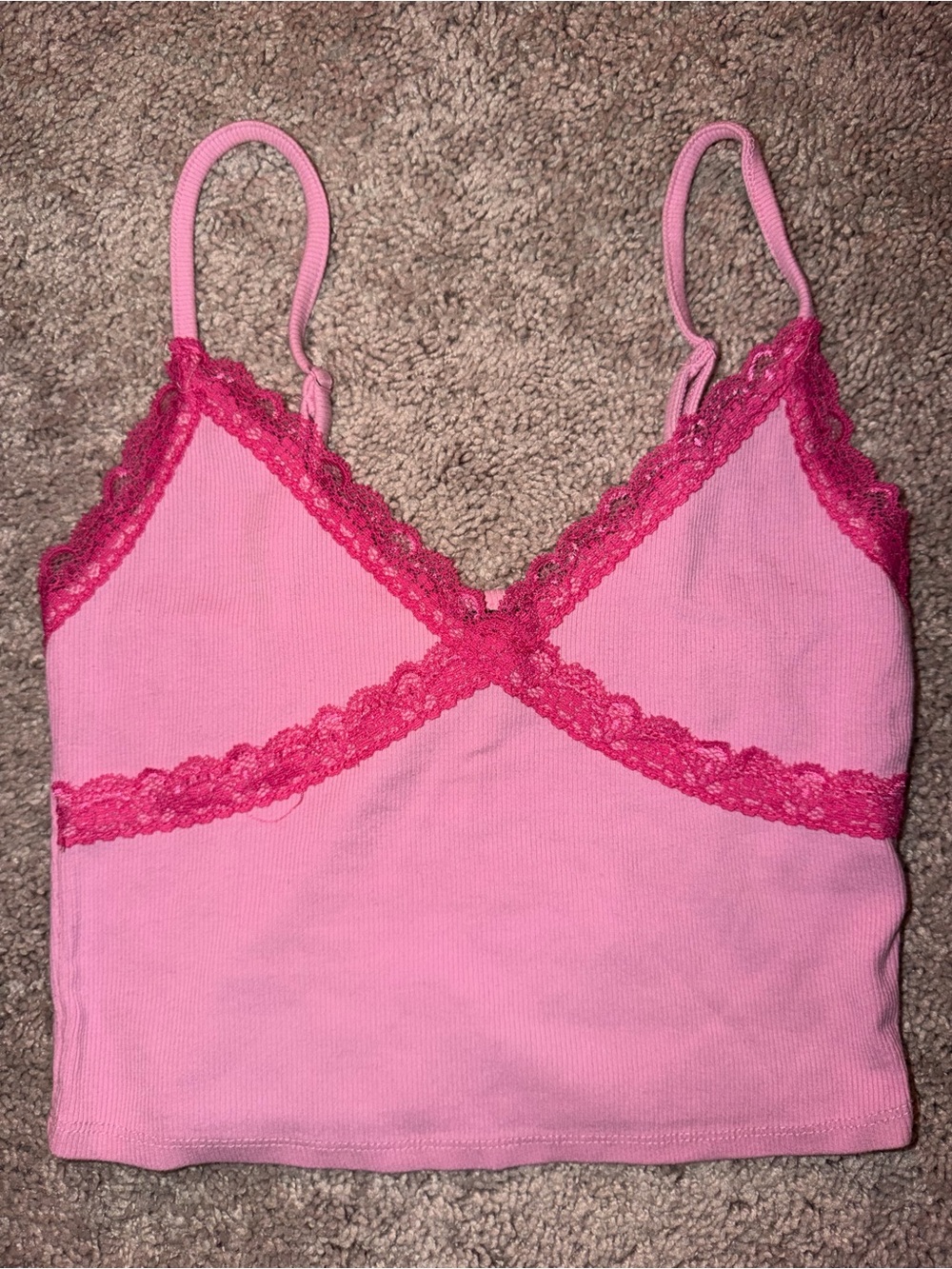 Garage Pink Lace Trim Ribbed Cami Top